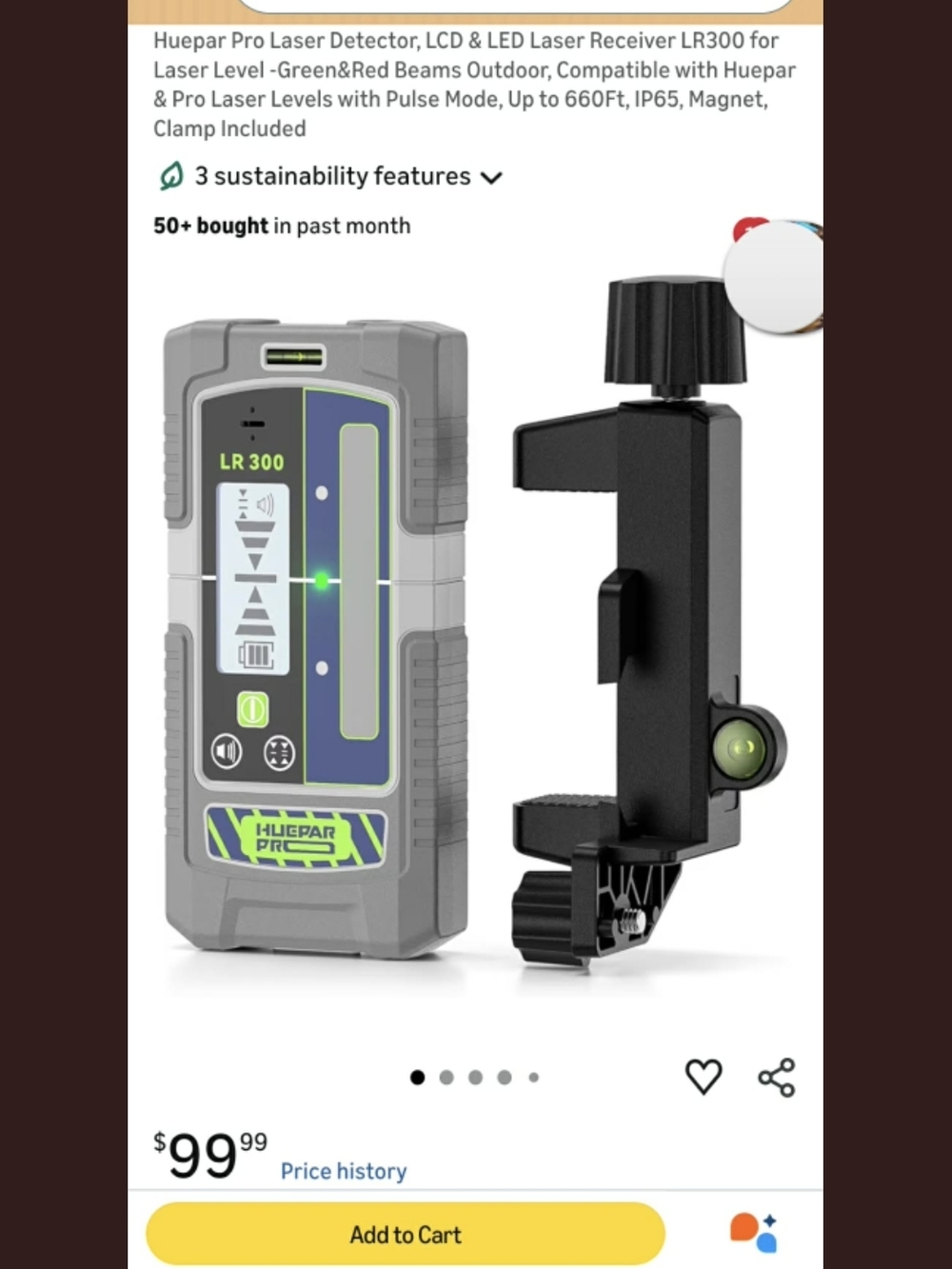 Huepar LR300 Laser Detector with Mount - Gray & Green For Surveying Etc.